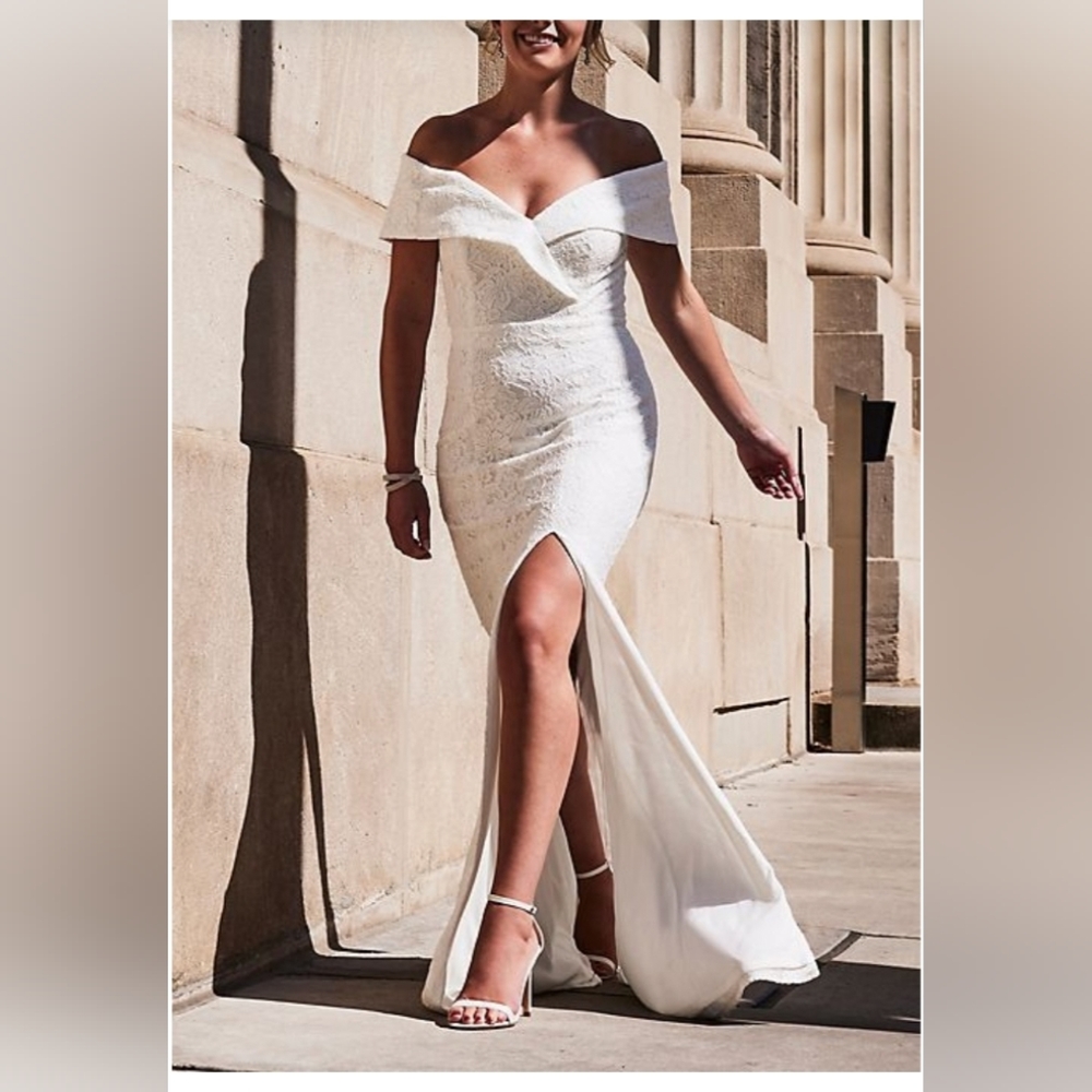 DB STUDIO cuffed off-the-shoulder lace sheath gown STYLE# DB1531